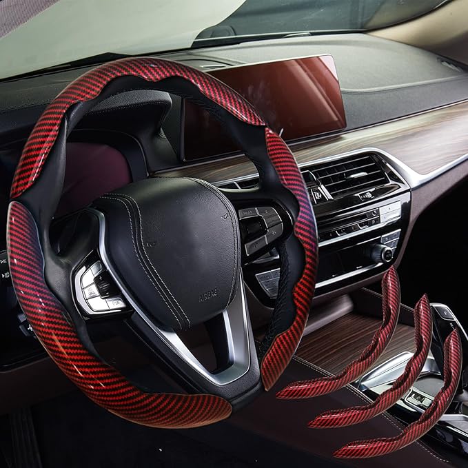 WOCOCN 3pcs Car Steering Wheel Cover,Anti-Skid Carbon Fiber Steering Wheel Protector for Men Women,Multiple Color Options,Universal for Most Car Interiors Accessories (Bright Red 3PCS)