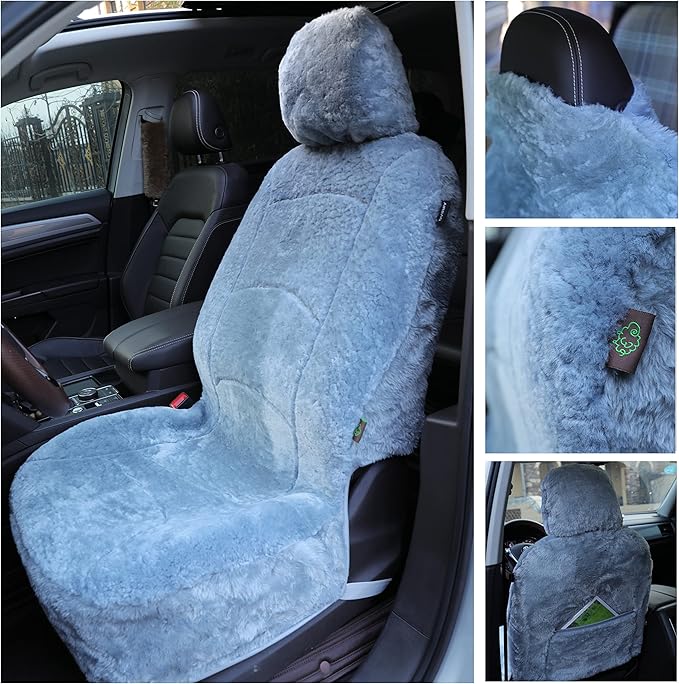 Genuine Sheepskin Seat Cover Lambskin Seat Cover Winter Car Seat Cover Lambs Wool Sheep Skin Fuzzy Shearling Car Accessories Front with Curve Patten (Light Gray Color)