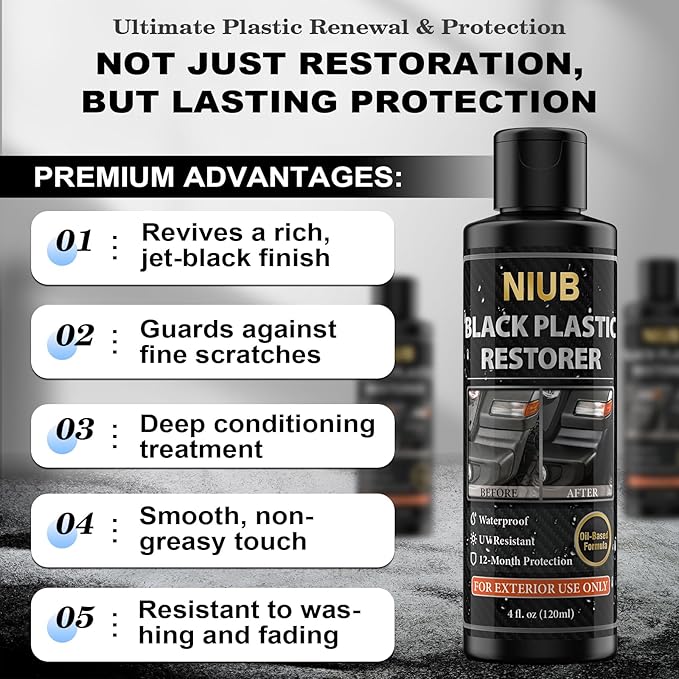 Plastic Restorer for Cars, 240ml Black Trim Restorer, Car Plastic Restorer, Plastic Restorer for Car Exterior, Restores Faded Plastic, Waterproof, Long-Lasting Shine & Protection,Outdoor Use Only