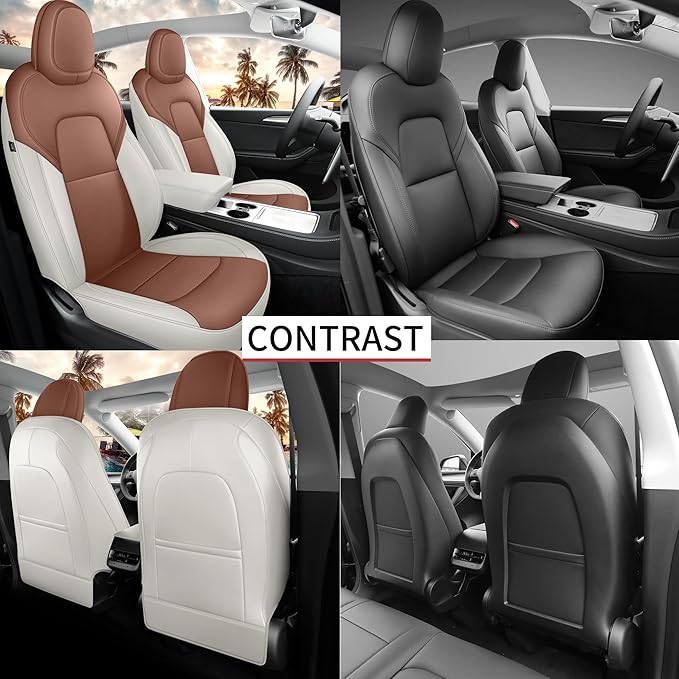Leather Car Seat Cover for Tesla Model Y 2020 2021 2022 2023 2024 Customized Fit Front and Rear Seat Covers (Beige+Brown-Model Y)