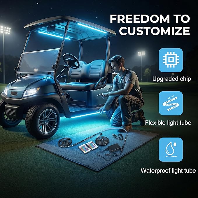 2PCS 78.7 Inch RGB Golf Cart Lights with Remote Control LED Underglow & Roof Strips, Waterproof No-Drill Golf Cart Accessories for Canopy, Underbody, Boat & Night Decoration Roof & Underbody Lighting