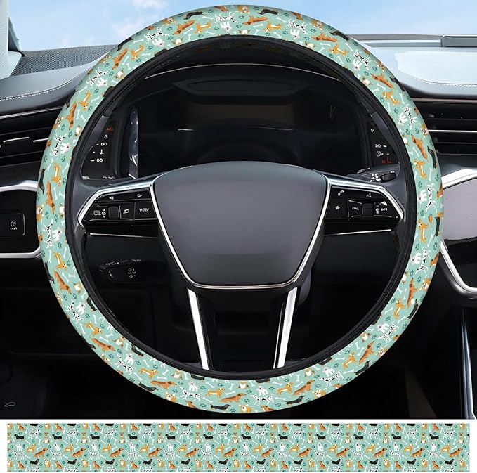 Elastic Car Steering Wheel Cover, Universal 15 inch Non-Slip Breathable Neoprene Steering Wheel Protector, Car Accessories for Women Men Fit Auto, Suvs, Truck Cute Dogs