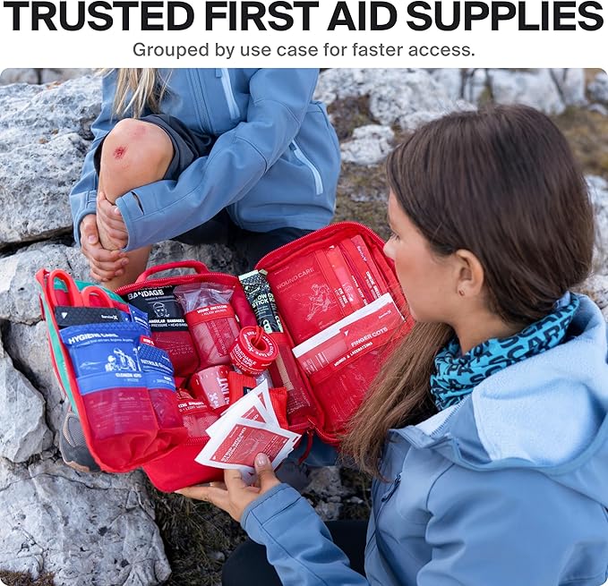 SurviveX Large First Aid Kit for Car, Travel & Home - Emergency Kit for Hiking, Camping, Backpacking and Outdoors - Includes Zip Stitch Wound Closure Strips (Pack of 2)