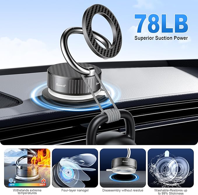 LivTee Vacuum Magnetic Phone Holder for Your Car, The 360° Adjustable Suction Cup Phone Mount with a Sleek Metallic & Carbon Fiber Design, Features a 3000gf Magnet, Fits Magsafe, Fits iPhone & Android