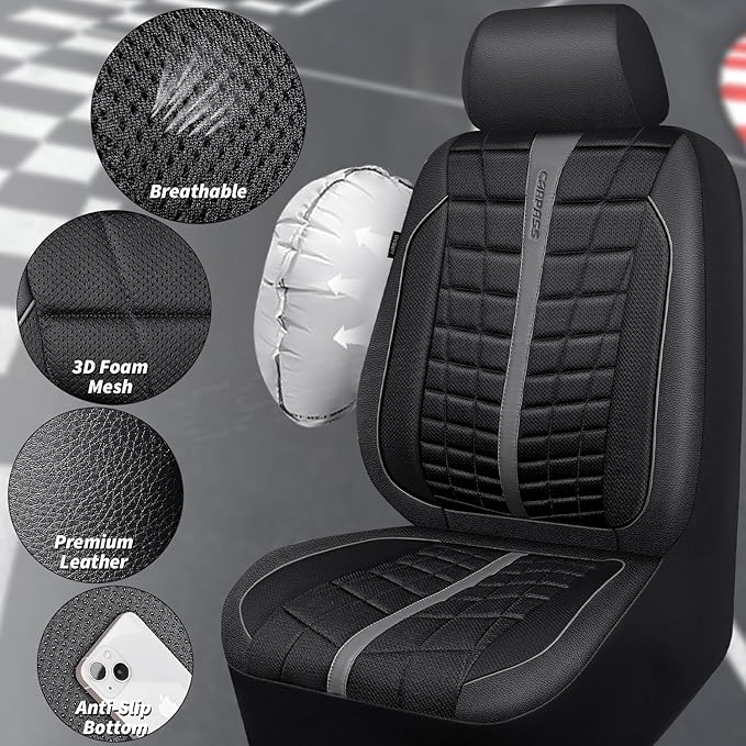 CAR PASS 3D Air Mesh Seat Covers for Car, Leather Car Seat Cover Front Seats, Breathable Foam Premium Leather Mesh Front Seat Covers Universal Fit for Cars Sedans Trucks Vans SUVs, Black Gray