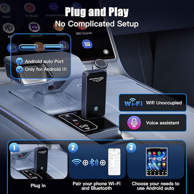 Wireless Android Auto Adapter, Plug & Play Dongle for Android11+ Phones, Wired to Wireless Conversion for Android Auto Cars, USB & Type-C Dual Port