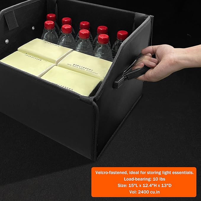 Trunk Organizer,car organizers and storage,black Leather Storage Box with lid,Fiberboard,Collapsible,15''L x 13''W x 12.4''H,2K inches³(size A)