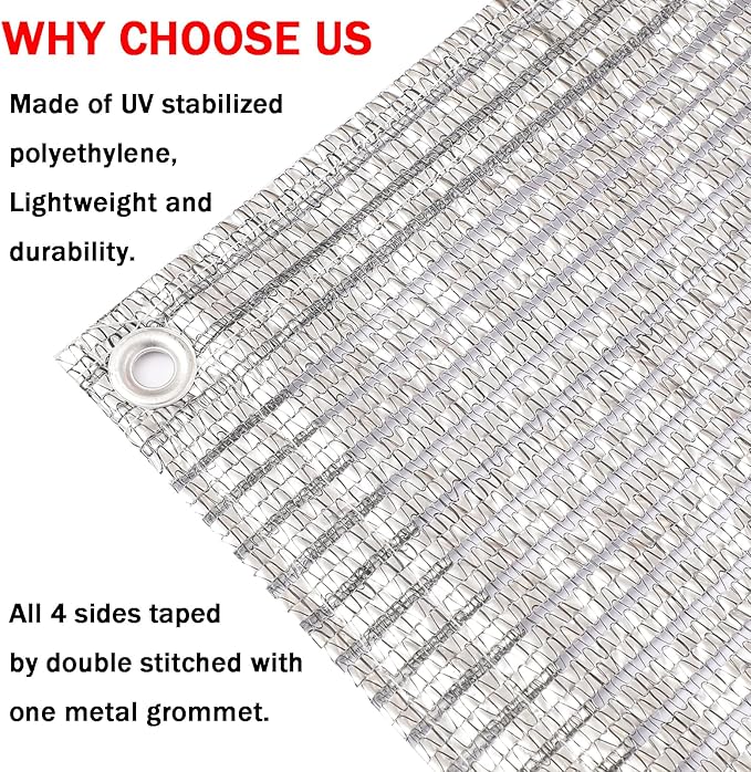 65% Aluminum Foil Shade Cloth with Grommets,12ft x 12ft, Mesh Sun Block Fabric Cover, Canopy, Privacy Screen for Outdoor Patio, Garden, Backyard, Silver