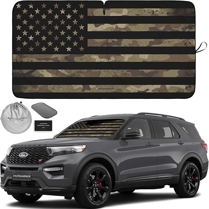 Autoamerics 1-Piece Windshield Sun Shade Dark Camo American Flag USA Design - Foldable Car Front Window Sunshade for Most Sedans SUV Truck - Blocks Max UV Rays and Keeps Your Vehicle Cool - Medium