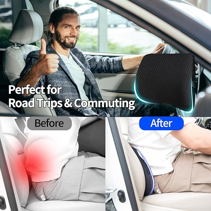 Lumbar Support Pillow for Car & Office Chair - High-Density Memory Foam for Sciatica & Lower Back Pain Relief - Non-Slip Back Support Cushion for Long Commutes & Desk Workers (3D Mesh Black)