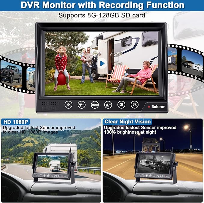 Rohent RV Backup Camera Wireless HD 1080P Waterproof Dual Antennas Digital Signals Rear View System for Trailers Trucks Motorhomes 4 Channels 7'' Touch Key DVR Monitoring Night Vision R12