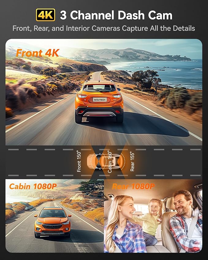 WOLFBOX i17 4K 3 Channel Dash Cam Built-in 5.8GHz WiFi with 64GB Card, 4K+1080P+1080P Dash Cam Front and Rear Inside, Triple Car Camera with 3 Inch Screen, IR Night Vision, WDR, 24H Parking Mode, GPS