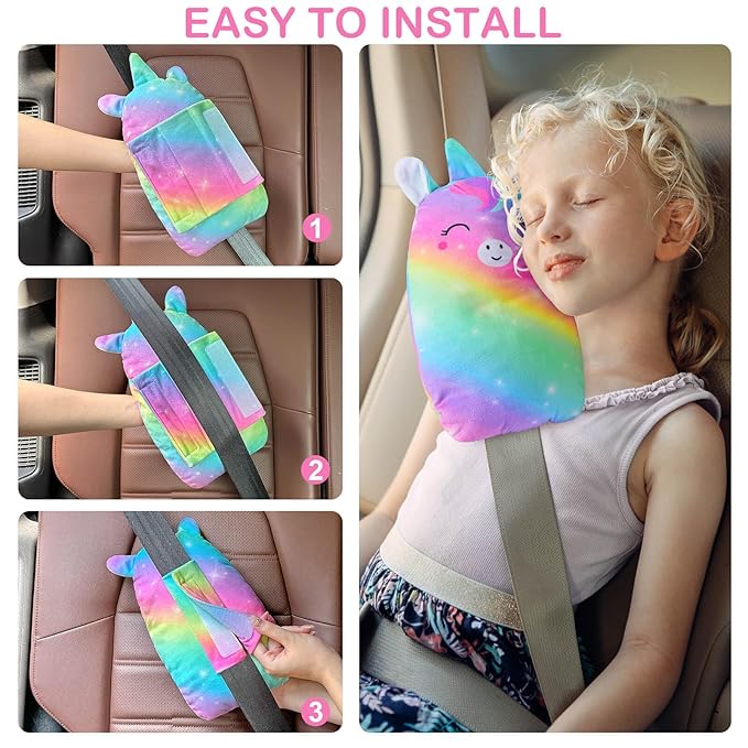 FIODAY Car Seat Belt Covers for Kids Unicorn Seat Belt Pillow Soft Seat Belt Cushion Adjust Seat Strap Pillow Head Neck Support for Children Boys Girls Travel