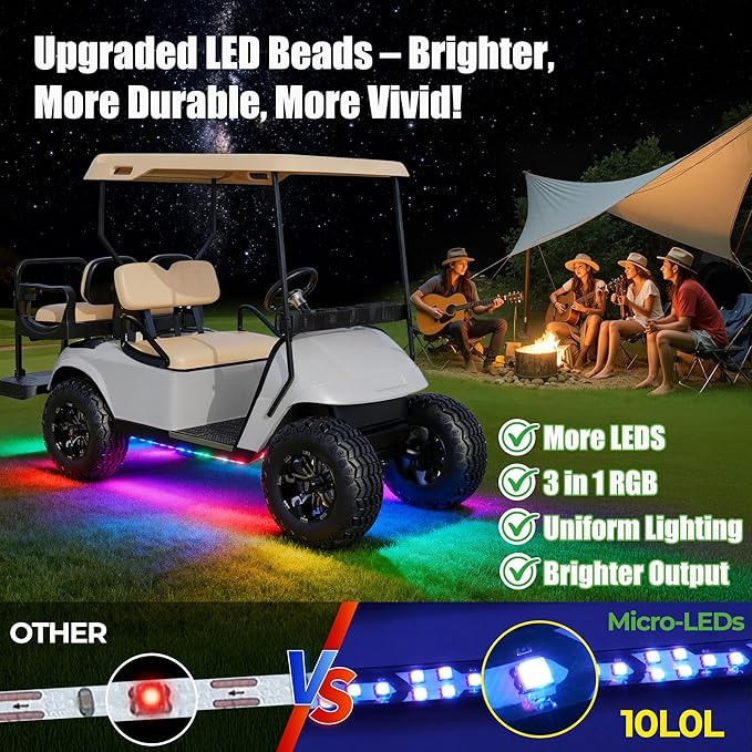 10L0L Golf Cart Underglow LED Light Kit, 4PC Flexible Neon Strip Lights with 14 Modes, Music Sync, Waterproof Remote Control Underbody Glow for EZGO, Club Car, Yamaha