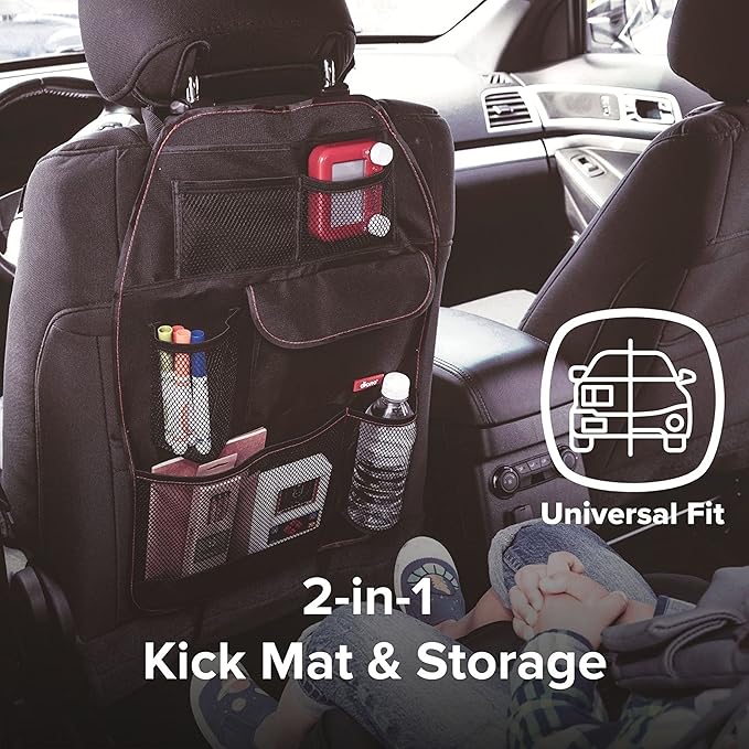 Diono Stow 'n Go Car Back Seat Organizer for Kids, Kick Mat Back Seat Protector, With 7 Storage Pockets, 2 Drinks Holders, Water Resistant, Durable Material, Black (Pack of 2)