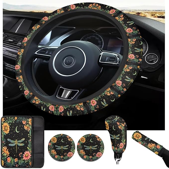 Dragonfly Print 6 Pcs car Steering Wheel Cover Handbrake Gear Cover Cup Coaster Armrest Cover Cars Interior Decor Protector Fit for SUV Truck Sedan