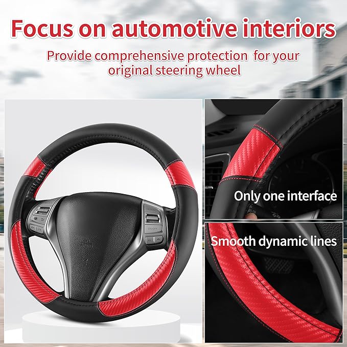 Non-Slip Car Nappa Leather Steering Wheel Cover,Universal Car Accessories Women Men Fit 14" 1/2-15" Suvs/Vans/Sedans/Cars/Trucks,Red