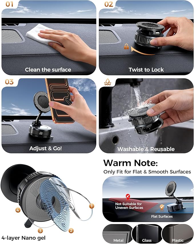 Car Phone Holder for Magsafe – [Carbon Fiber] Phone Mount for Car [Super Strong Magnetic, 360° Adjustable, 108LBS Vacuum Suction] Phone Holders for Your Car, Car Accessories for iPhone 17–12 Series