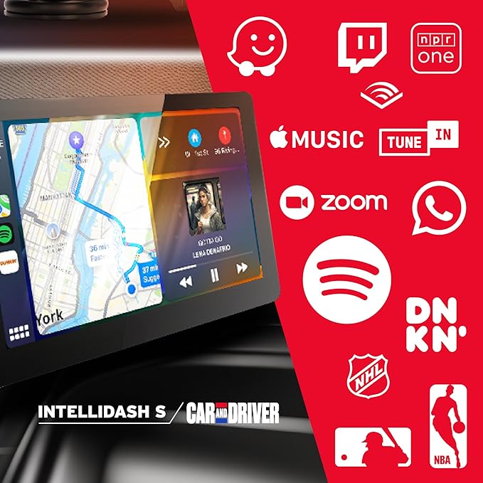 Car and Driver INTELLIDASH 7" HD Touchscreen – Portable Apple CarPlay Wireless Android Auto Screen for Car, Bluetooth Stereo, Backup Camera Support, Mirror Link, GPS Navigation, Siri, Google, SiriusXM