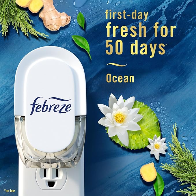 Febreze Plug In Air Freshener, Odor-Fighting Scented Oil Refill, Air Fresheners for Home and Bathroom and Kitchen, Long Lasting for Strong Odors, Moutain/Ocean/Amber Mix, 0.87oz Refills, 3 Count