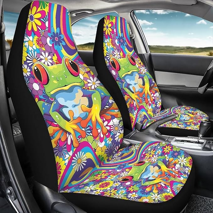 KEIAHUAN Frog Hippie Flower Car Seat Cover for Women 4 Piece Stretchy Front and Back Seat Covers Auto Interior Accessories Universal Fit for SUV Sedan and Truck