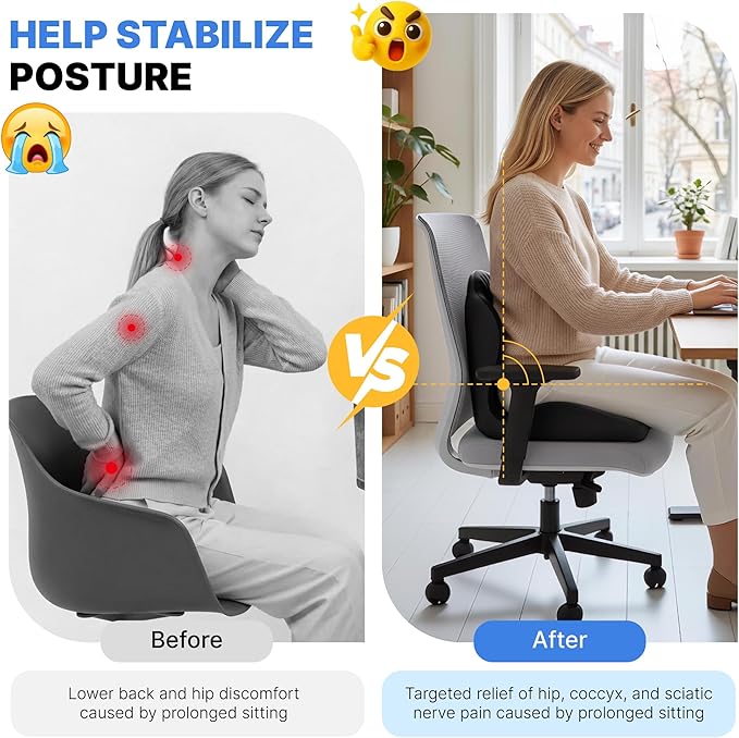Ergonomic Seat Cushion, Office Chair Seat Cushions with L-Shaped Design, Memory Foam Orthopedic Cushion with Coccyx Hollow, Lumbar Support & Tailbone Pain Relief for Car, Truck, Gaming Chair (Black)
