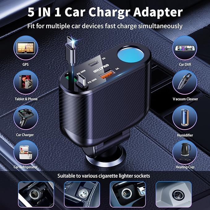 OHLPRO Retractable Car Charger Cigarette Lighter Adapter, 168W 5 in 1 Fast Phone Charging Built-in Replaceable Fuse, Socket Splitter with USB C and USB C Cord, Fit for Phone iPad Galaxy GPS, Grey