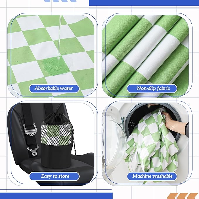 2 Pack Car Seat Towel Covers with Storage Bag 63 x 32 Inch Athletic Running Towel Seat Sweat Washable Non Slip Cover Gift for Car Outdoor Sport Activities (Green and White Plaid)