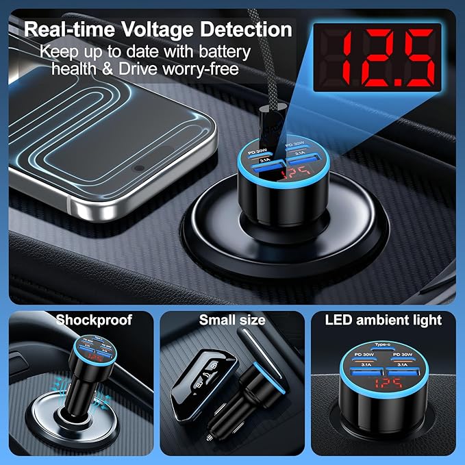 Car Charger USB C, 5-Port 90W Super Fast Car Phone Charger, Dual PD 30W & QC Type C Car Charger, Cigarette Lighter Adapter with Voltage Display for iPhone 17/16/15 Pro Max, iPad,Galaxy S25 S24,Pixel