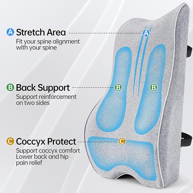 Lumbar Support Pillow for Office Chair, Back Support Pillow with Memory Foam, Relieves Back Pain, Removable Washable Cover & Adjustable Strap, for Car/Gaming Chair,Gift-Light Grey