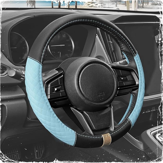 BDK C&C California Car Steering Wheel Cover Blue Diamond Quilt, Non Slip Leather Steering Wheel Cover for Women Men, Cute Comfortable Soft Easy Installation Universal Fit (Fits 14.5"-15.5" Inches)