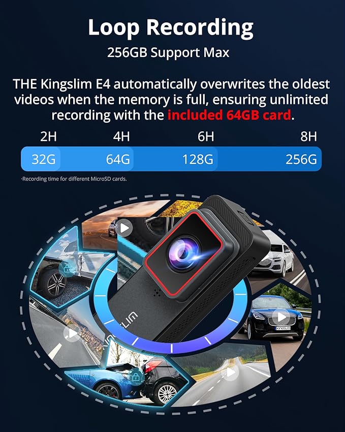 Kingslim 4K Dash Cam Front and Rear, Front 4K Rear 1080P Dual Dash Camera for Cars, Mini Dashcam with 64GB Card, APP Control, Night Vision, G-Sensor, Loop Recording, Parking Mode