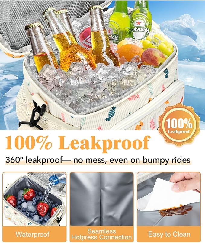 Insulated Lunch Bag for Men & Women, 9L Leakproof Lunch Box Soft Cooler Tote with 5 Pockets, 600D Oxford, EVA Lining, Adjustable Strap for Work, Picnic, Beach&Travel-Corduroy Colorful Candy