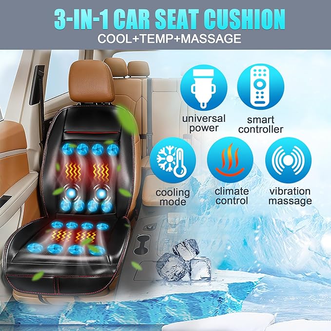 Leather Cooling Car Seat Cover, Breathable Mesh Cooling Car Seat Cushion with Massage & 16 Fans, 3-in-1 All-Season Ventilated Seat Cover for Car SUV Truck Universal Fit (Black-1)