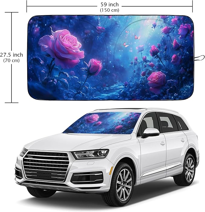 Rose Car Windshield Sun Shade Foldable Sunshade Front Window Cover Sun Visor Protector Accessories (59x27.5 inches)