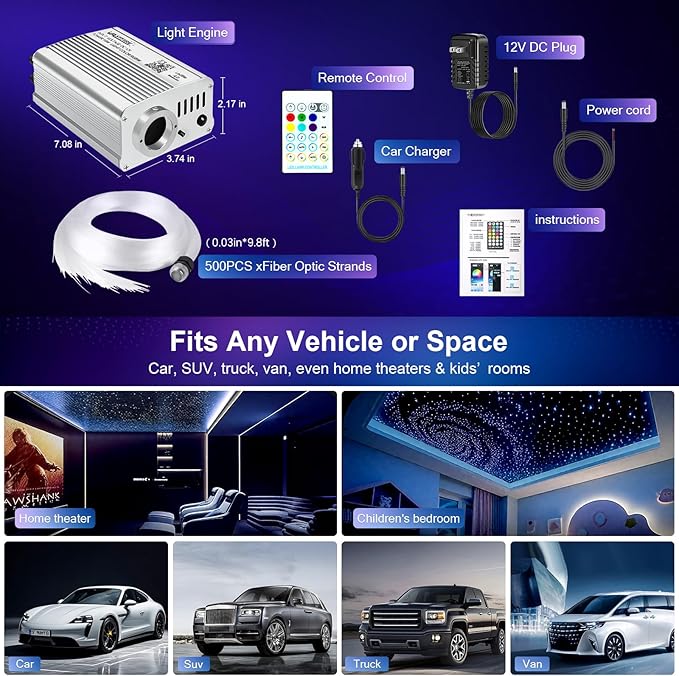 VASTFIRE Starlight Headliner Kit - 500pcs 0.03in 9.8ft Fiber Optic Star Lights for Car with 16W RGBW, Twinkle/Meteor Music Sync, APP/Remote Control for Car Roof/Bedroom Ceiling