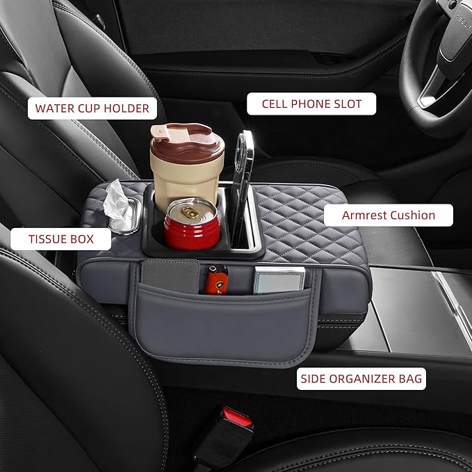 5 in 1 Car Center Console Cover, Armrest Pad with 2 Storage Pockets, Cup Holder, Tissue Box Slot, Phone Holder, Universal Car Interior Organizer (Gray)