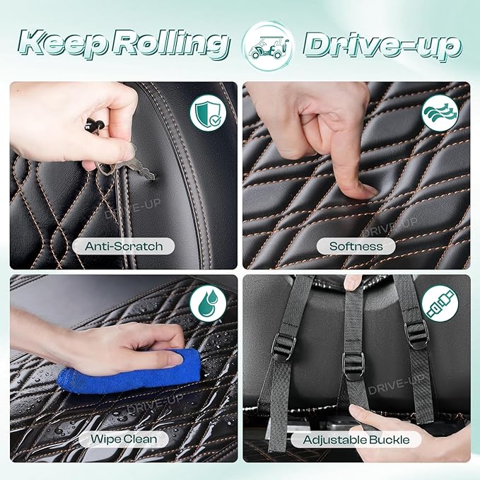DRIVE UP Golf Cart Diamond Seat Covers Fit for Club Car Precedent, Black Diamond Cross Leather Club Car Seat Covers with Diamond Cross Pattern, Black with Brown Stitching, Wear-Resistant, Waterproof