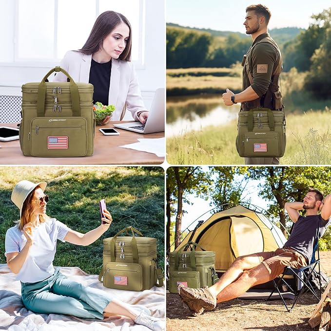 Maelstrom Lunch Box, 23L Insulated Lunch Bag, Expandable Double Deck Cooler Bag, Lightweight Leakproof Tote Bag With Side Tissue Pocket, Suit For Men and Women (H Khaki with DIY Hook-and-Loop)