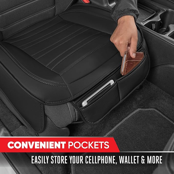 Motor Trend Seat Covers for Cars Trucks SUV, Faux Leather 2-Pack Black Padded with Storage Pockets, Premium Interior Car Seat Cover