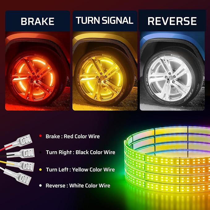Ehaho 14''-18'' Double Row Adjustable Wheel Lights, Brighter RGB Chasing Rim Lights with App, Music Wheel Ring Light with Turn & Braking Signal Compatible with Various Trucks SUV Car（4PCS）