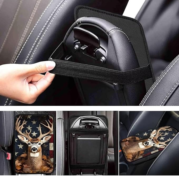 Suobstales Deer American Flag Leaves Print Car Armrest Pad Soft Center Console Arm Rest Protector Cover Universal Car Interior Accessories Decoration