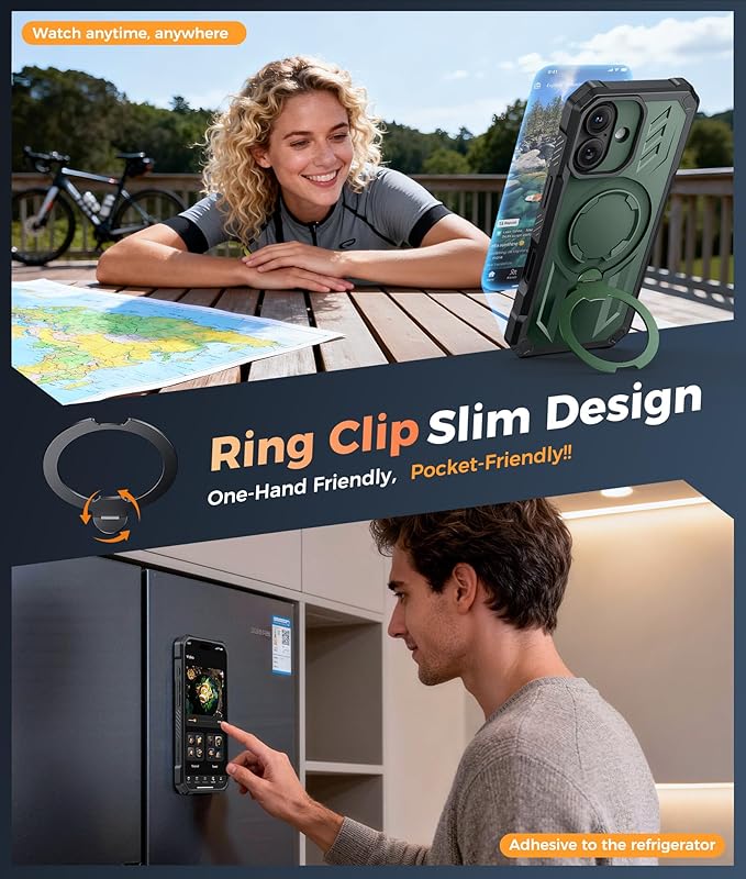 FNTCASE for iPhone 17 Phone Case: [360 Spin Magnetic Ring Kickstand] [Compatible for MagSafe] [Screen Protector] Heavy Duty Military Grade Protection Protective Phone Case with Stand Green