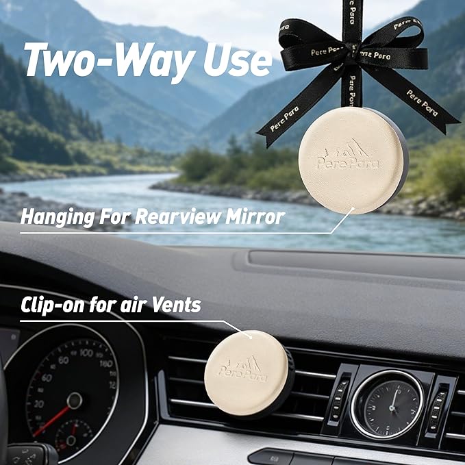 Leather & Metal Car Air Freshener, 2-Way Vent & Hang Design, Refillable Long Lasting Diffuser with 2 Refills, Natural Amber Vanilla Scent, Stylish Auto Accessory for Cars & SUV