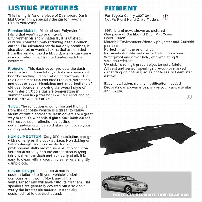 x xotic tech Center Console Dashboard Mat Pre-Cut Non-Slip Sunshield Sun Glare Protector Dash Carpet Pad Black Cover Compatible with Toyota Camry 2007-2011