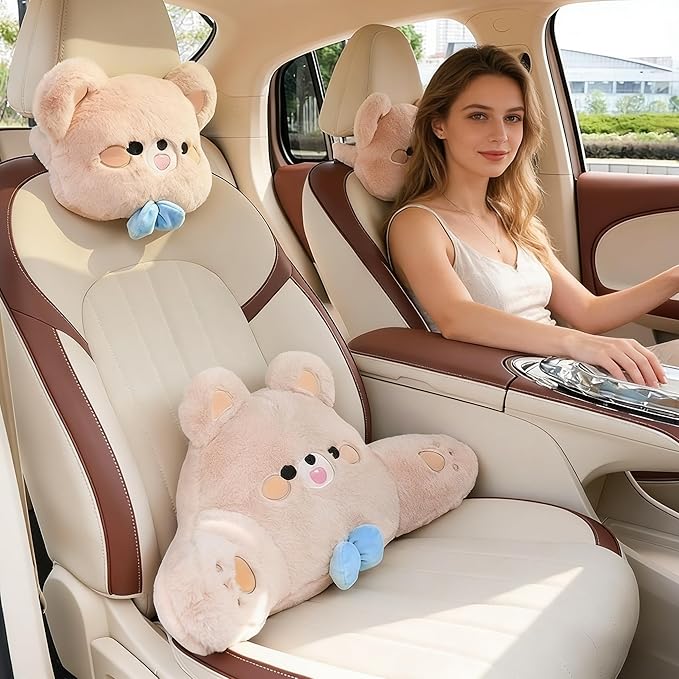 Cute Plush Bear Car Headrest & Lumbar Support Set, Soft Neck & Back Support Pillow for Comfortable Driving All Season