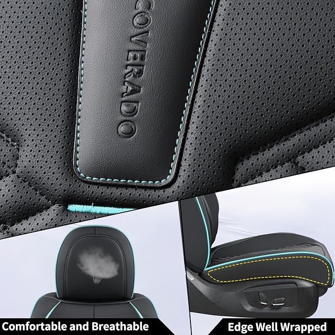 Coverado Leather Seat Covers, Car Seat Covers Full Set, Nappa Leather Seat Covers for Cars, Car Seat Protector Waterproof, Black Car Seat Cover, Universal Seat Cover Fit for Most Cars(Black&Blue)