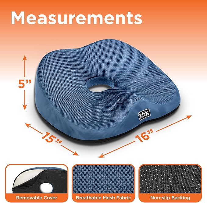 BLACK+DECKER High Back Tailbone Seat Cushion – Memory Foam Chair Cushion for Office, Car, Wheelchair & Airplane – Ergonomic, Non Slip, Breathable Mesh, Sciatic Pain Relief, Washable Cover, Blue