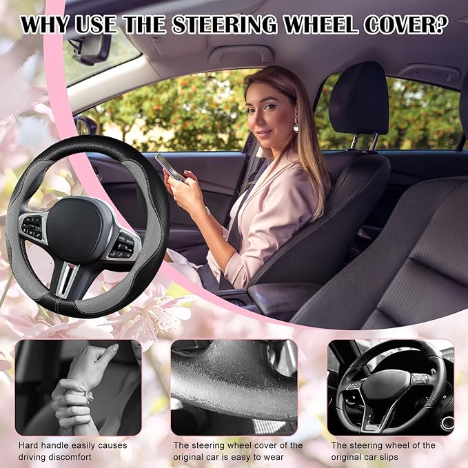 SuperKaKa Gray and Black Car Steering Wheel Cover 2025, Universal Auto PU Cute Breathable Slip-Proof Comfort Imitation Leather Protector Cars Interior Accessories for Women Men Fit Most Vehicle