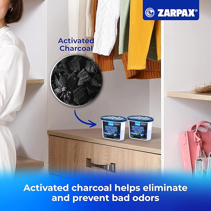 ZARPAX Moisture Absorber Activated Charcoal 10.5 oz/300g | Removes Moisture, Damp, Humidity & Odors | Odor Absorber | Moisture Trap for Bathroom, Closet, Kitchen & Small Spaces | Set of 4